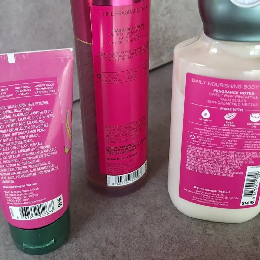 Bath & body works bundle of 3 pink pineapple sunrise body mist lotion hand cream